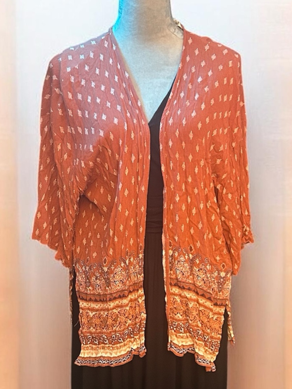 Ultra Flirt Rust Orange Patterned Kimono Shrug crochet lace at back bohemian